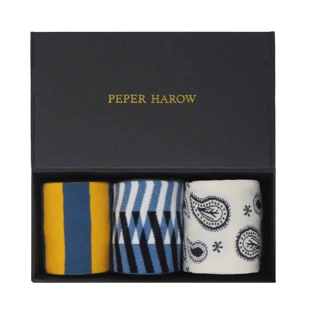 Navy Peper Harow gift box with three pair of bold printed organic cotton socks.