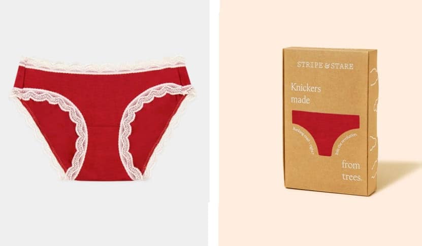 Red lace trimmed women's pants, next to a picture of its cardboard packaging.