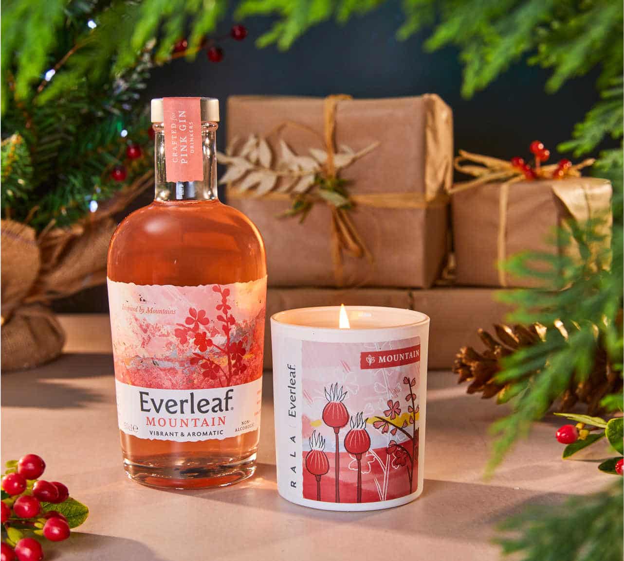 Everleaf sustainably made alcohol-free gin plus soy candle Christmas gift set