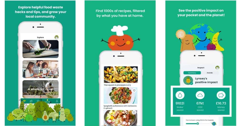 Screenshots showing the Kitche food waste app in action.