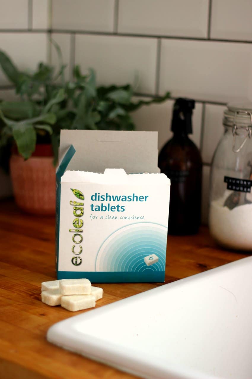 box of ecoleaf plastic free dishwasher detergent UK