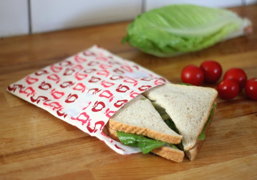 Sandwich in a red and pink keep leaf sandwich bag