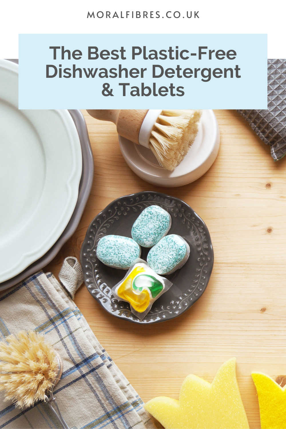 Flatlay of eco-friendly dishwashing products, with blue text box that reads the best plastic-free dishwasher detergent and tablets.